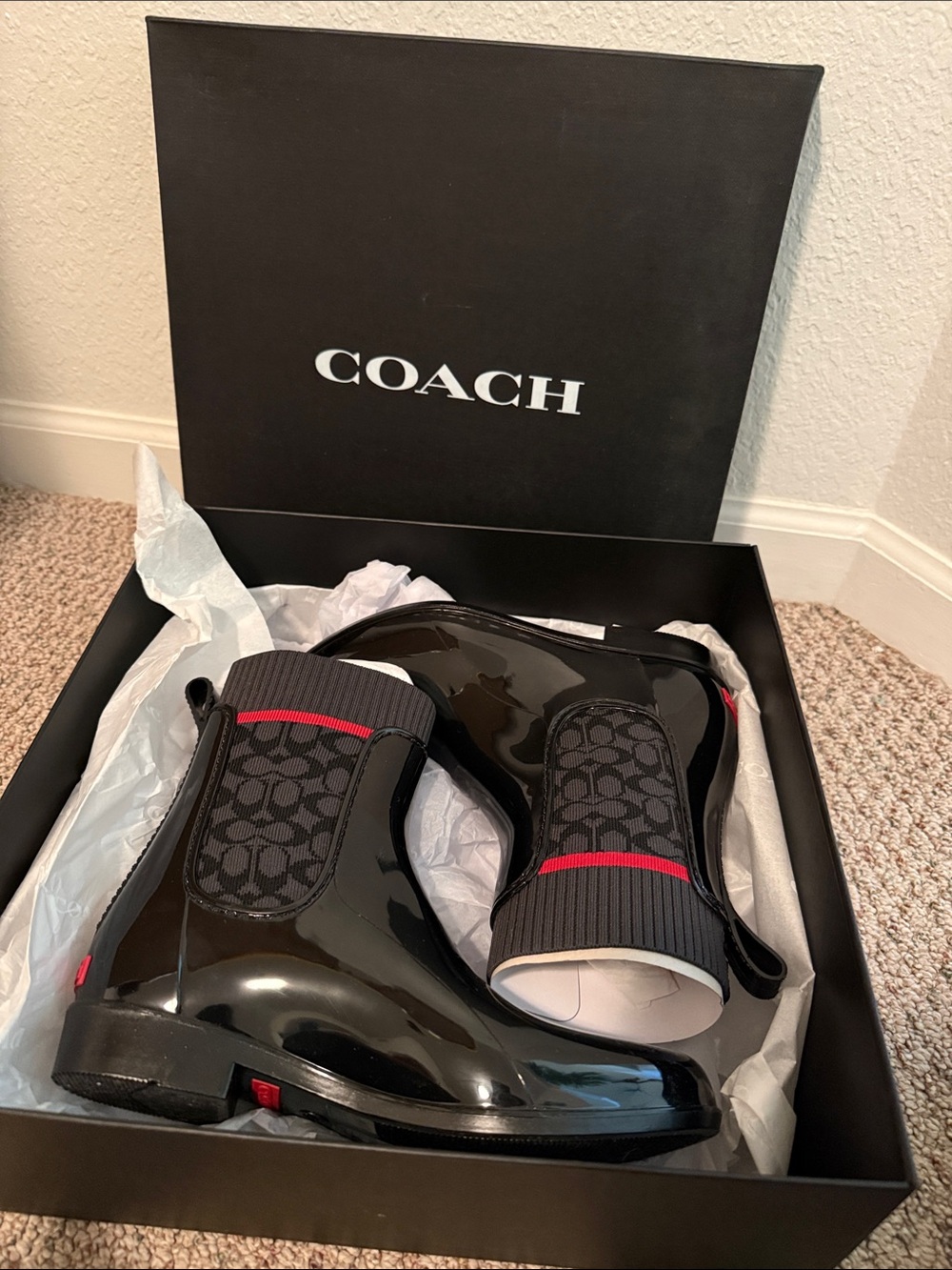 Coach Rivington Black Womens Glossy Rain & Logo Ankle Boots with Red Trim